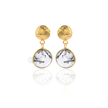925 Sterling Silver Earrings, Black Rutile Gemstone Gold Earrings For Women
